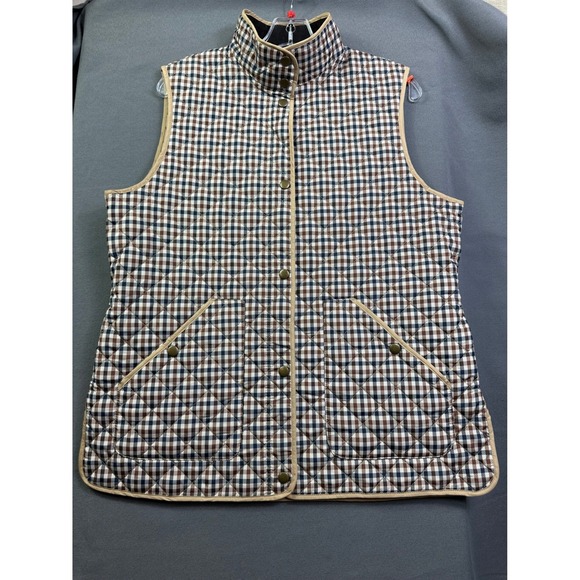 Lands' End Jackets & Blazers - Lands' End Women Medium Quilted Primaloft Vest Brown Navy Check Plaid Snap Front